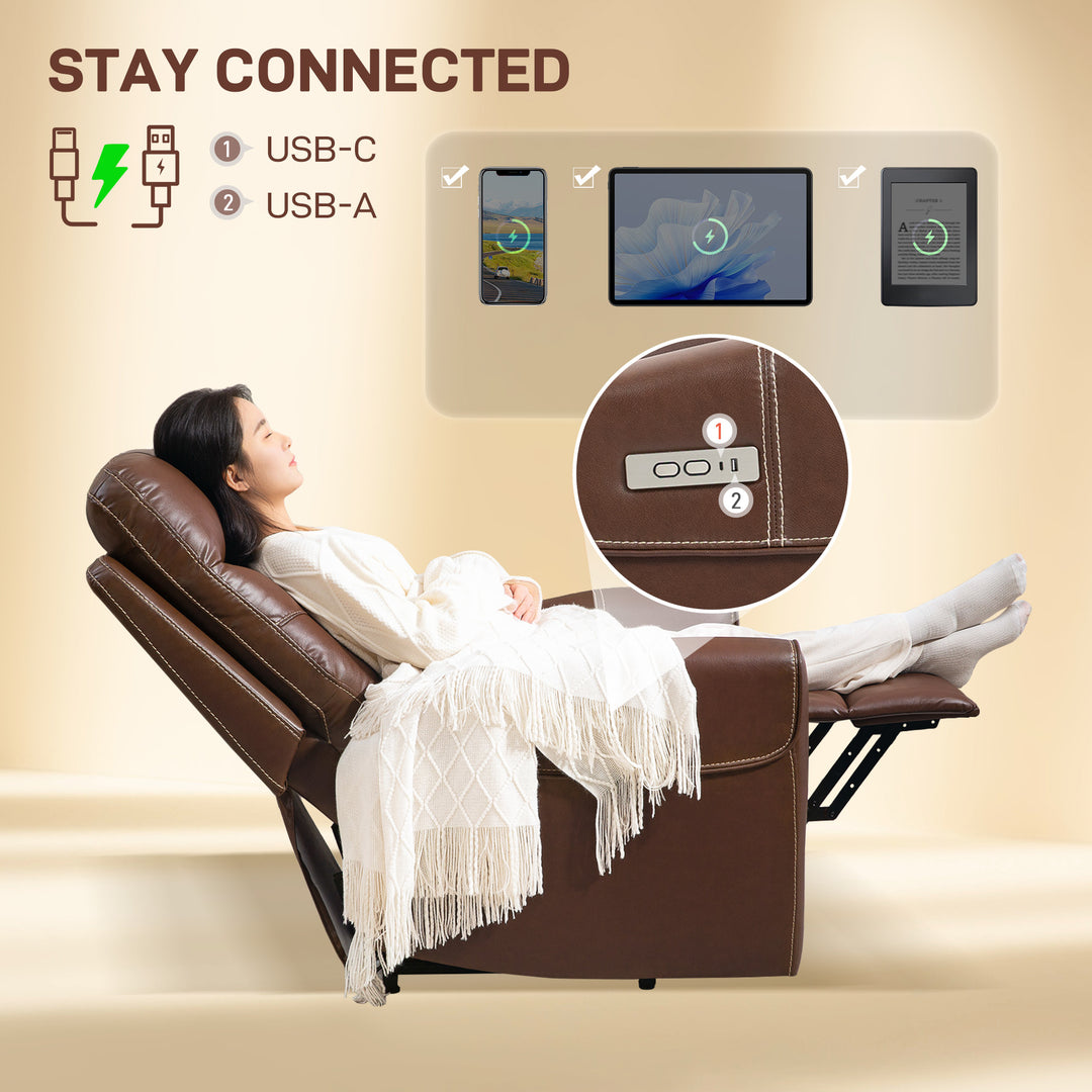 Power Lift Recliner Chair for Elderly, Overstuffed Faux Leather Riser and Reclining Chair with USB A+C Ports, Remote Control, Recliner Armchair for Living Room, Brown