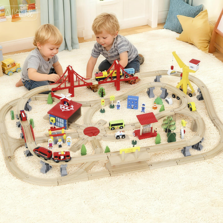 MCL 133-Piece Wooden Train Set, Toy Train with Crane, Storage Box, for Kids Ages 3+