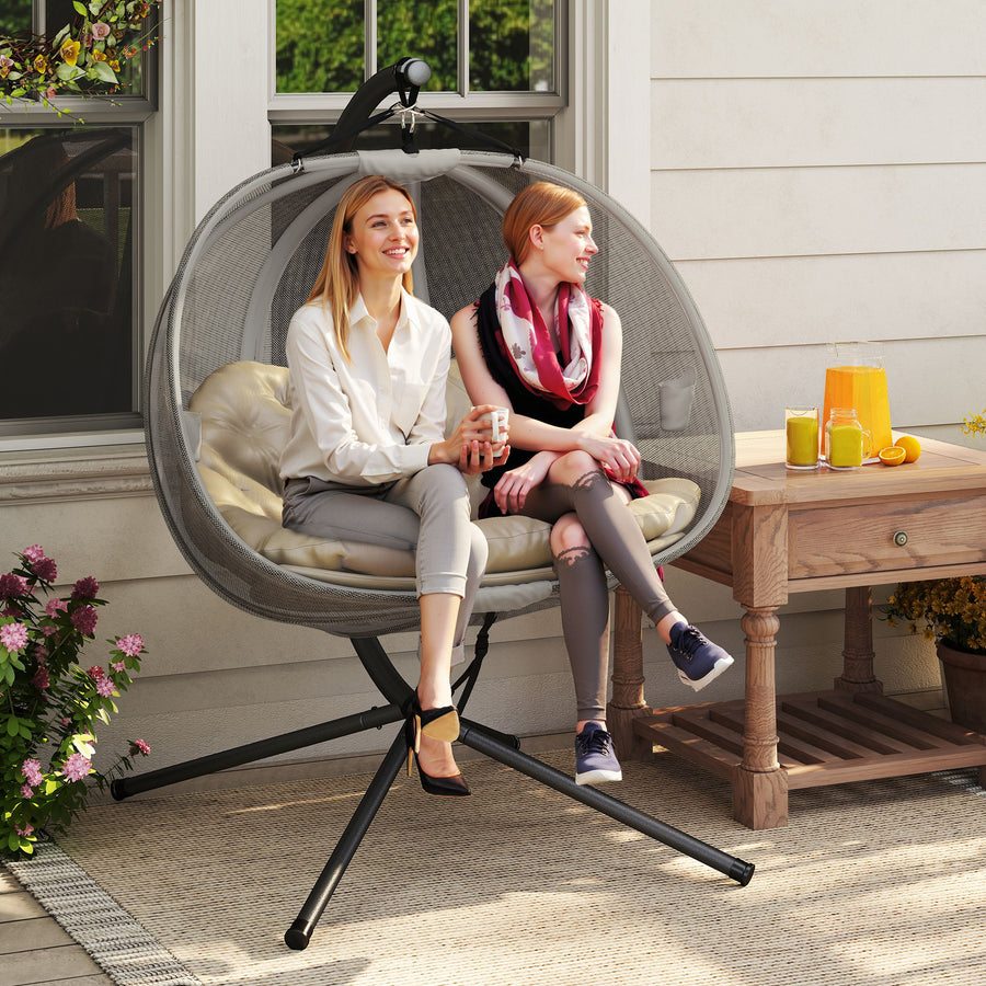 Double Hanging Egg Chair 2 Seaters Texteline Swing Hammock Chair with Stand, Cushion and Folding Design, for Indoor and Outdoor, Brown