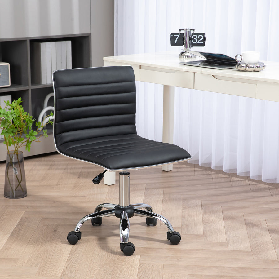Armless Task Desk Chair, Swivel Office Chair with Faux Leather, Adjustable Seat Height, Chrome Base, Wheels for Home, Black
