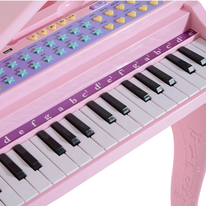 37 Keys Kids Mini Electronic Keyboard Children Grand Piano with Stool Microphone Light Musical Instrument Educational Game Toy Set (Pink)