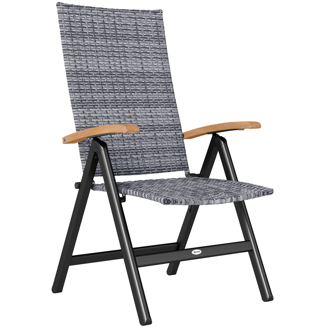 Folding Rattan Garden Dining Chair with 5-level Reclining High Back, Wood Armrests for Outdoor, Patio - Light Grey