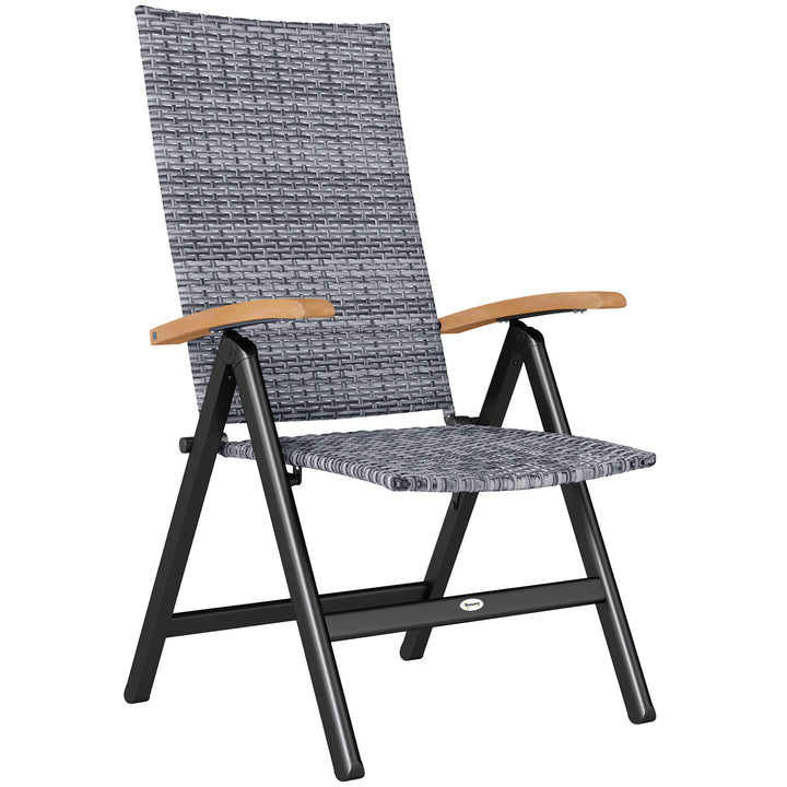 Folding Rattan Garden Dining Chair with 5-level Reclining High Back, Wood Armrests for Outdoor, Patio - Light Grey