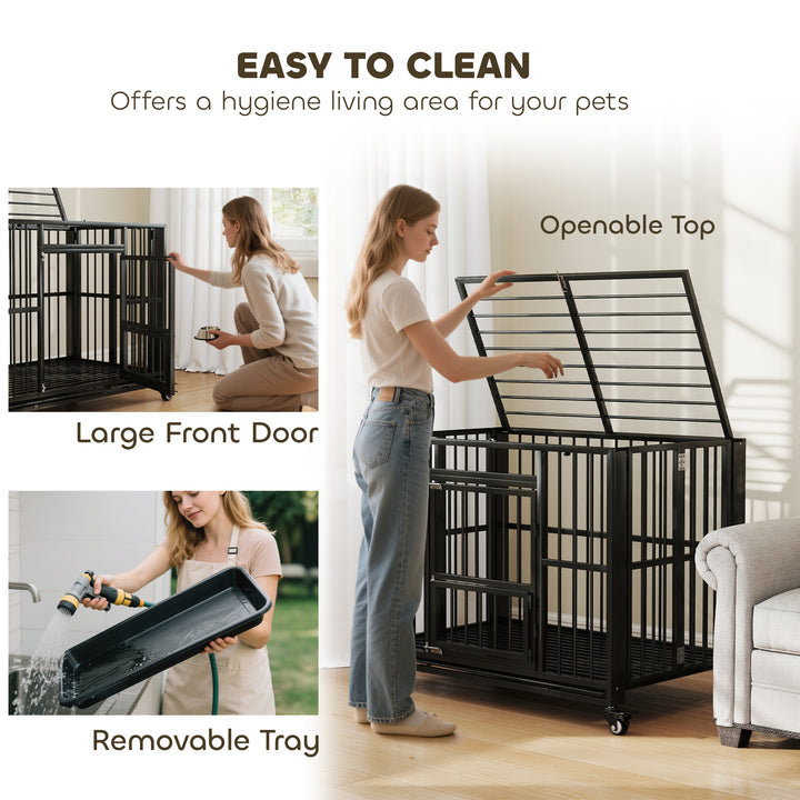43" Heavy Duty Dog Crate, Foldable Dog Cage, with Openable Top, Locks, Removable Tray, Wheels - Black