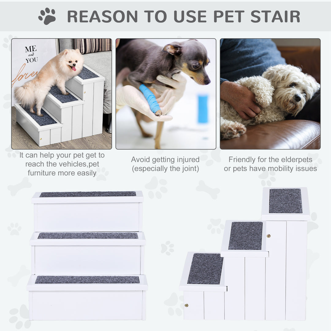 PawHut 3 Step Wooden Pet Stairs, Carpeted Ramp for Cats & Small Dogs, Non-Slip Carpet, Compact, White | Aosom UK