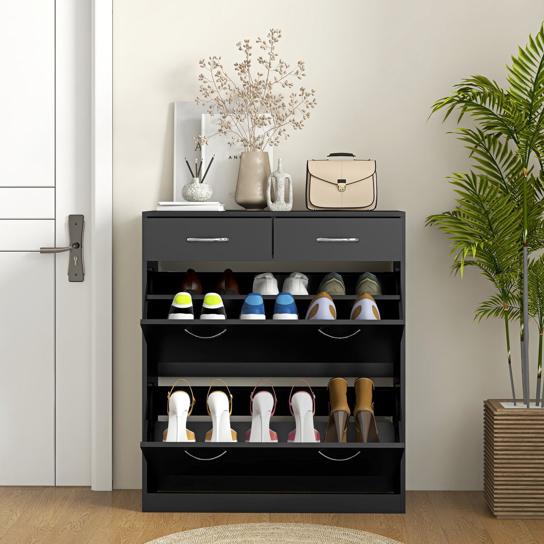 Narrow Shoe Storage with 2 Flip Drawers and Adjustable Shelves Shoe Cabinet Organizer for 12 Pairs of Shoes, Black