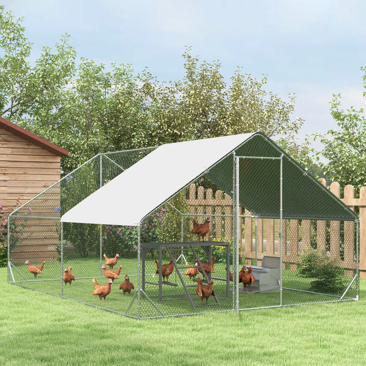 Chicken Run Galvanised Walk-in Chicken Coop Hen Poultry House Cage Rabbit Hutch Pet Playpen Garden w/ Water-Resist Cover, 3 x 4 x 2m