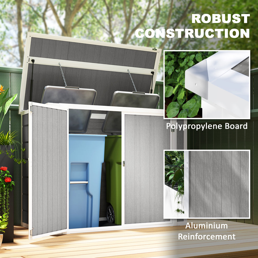 4.7 x 2.5FT Garden Shed, Double Bin Storage Shed with Lockable Doors, Outdoor Small Shed with Openable Lid for 2 Trash Cans, Garden Tools, Grey