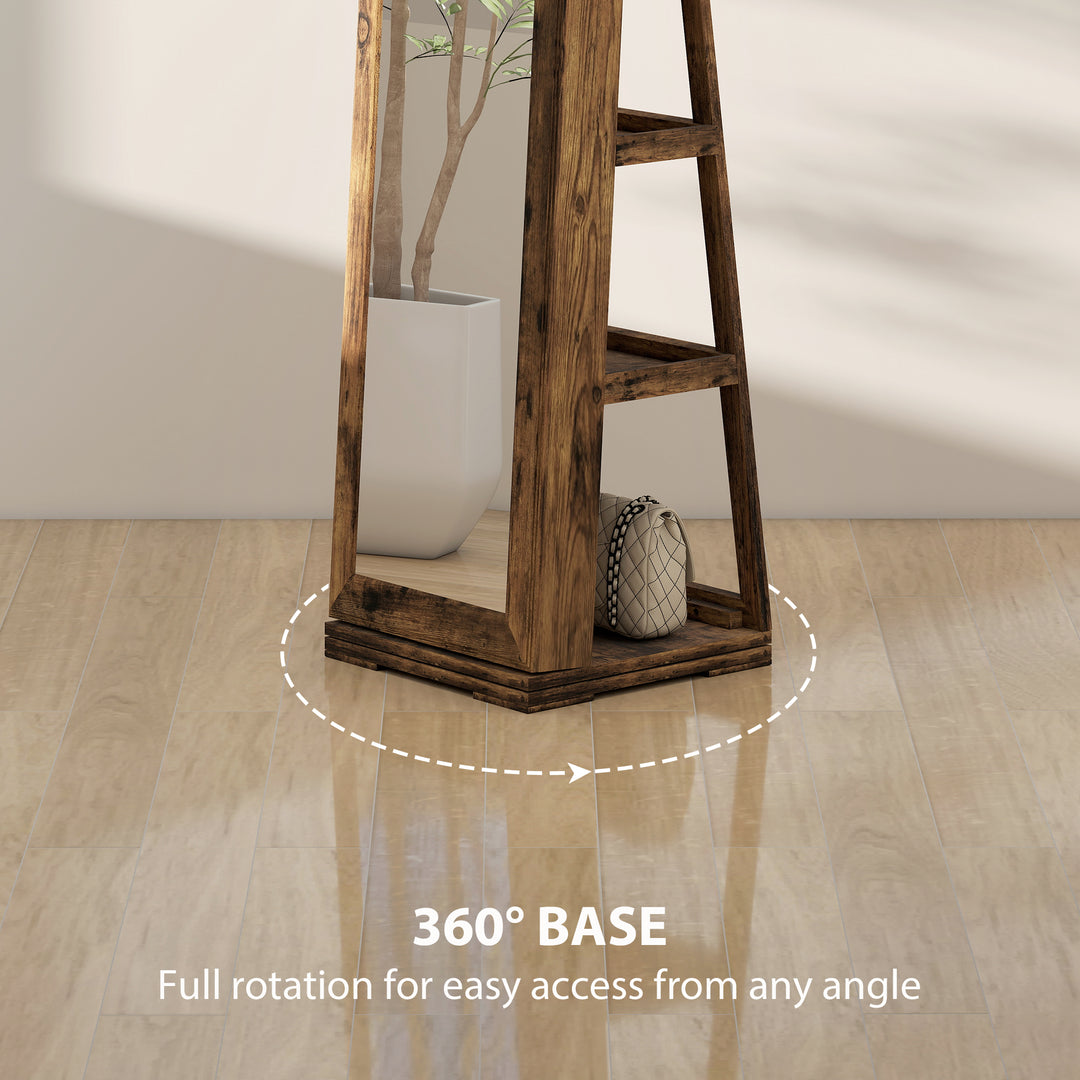 360° Swivel Jewellery Cabinet, Free Standing Full Length Mirror with Storage, Lockable Jewellery Organiser with Built-in Makeup Mirror and Storage Shelves for Bedroom, Rustic Brown
