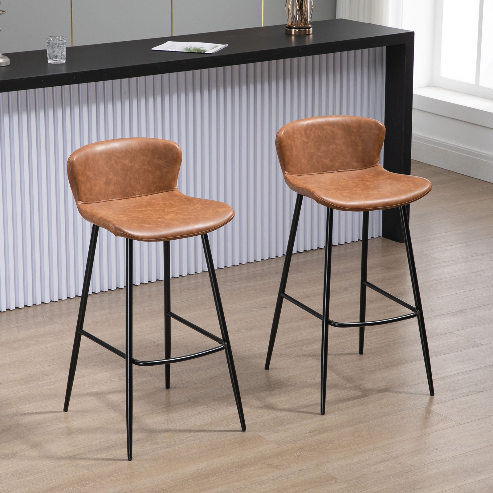 Bar Stools Set of 2, PU Leather Upholstered Bar Chairs, Breakfast Kitchen Counter Chairs with Backs, Steel Legs and Footrests for Dining Room, Brown