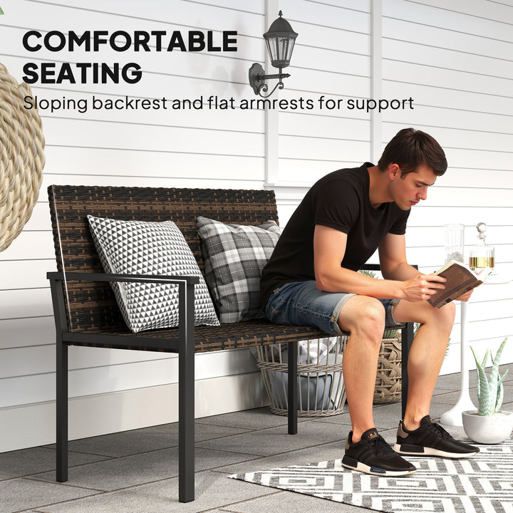 2 Seater Rattan Garden Bench, Outdoor Bench with Quick-Drying Cotton Padding, Wicker Garden Loveseat with Armrests, Steel Frame for Patio, Park, Mixed Brown