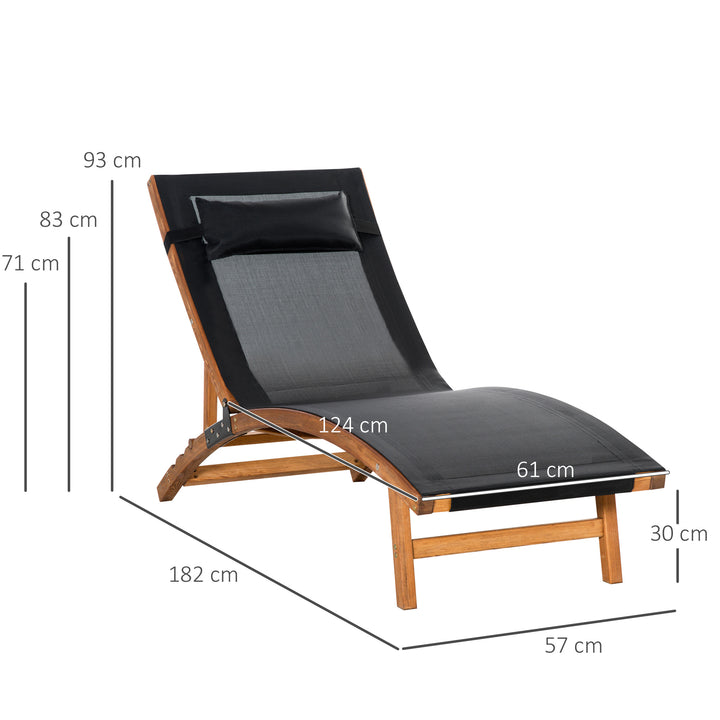 MCL Ergonomic Patio Lounge Chair Wooden Outdoor Chaise w/ 3 Adjustable Back and Removable Headrest Pillow for Garden Black