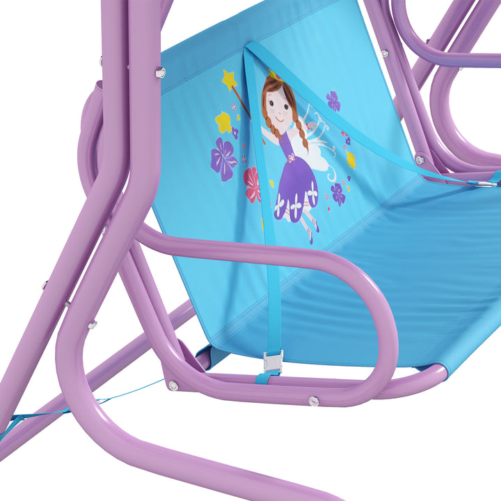 Two Seater Kids Garden Swing, Fairy Themed kids Swing Chair with Adjustable Canopy, Safety Belts for Outdoor Use