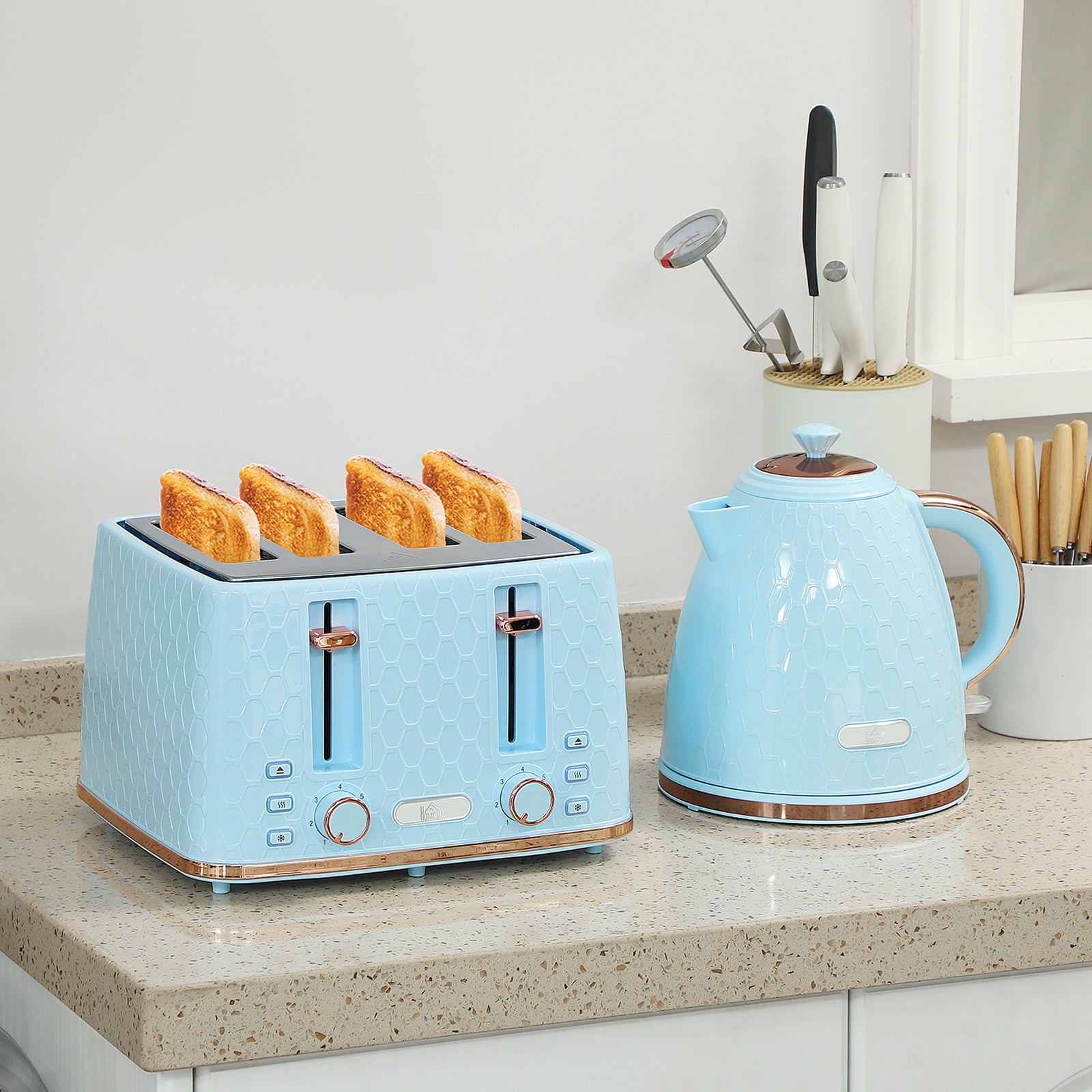 Kettle and Toaster Set, 1.7L 3000W Fast Boil Jug Kettle, 4 Slice Toaster with 7 Level Browning Controls, Light Blue