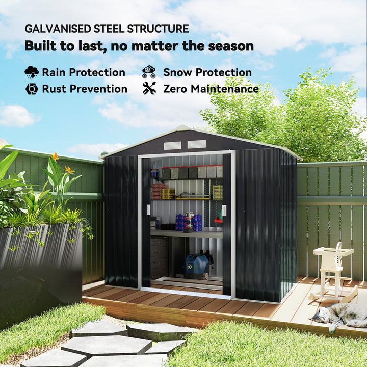 7 x 4ft Weatherproof Shed, Outdoor Bike Storage Shed with Ventilation Slots, Foundation Kit and Lockable Double Doors, Dark Grey