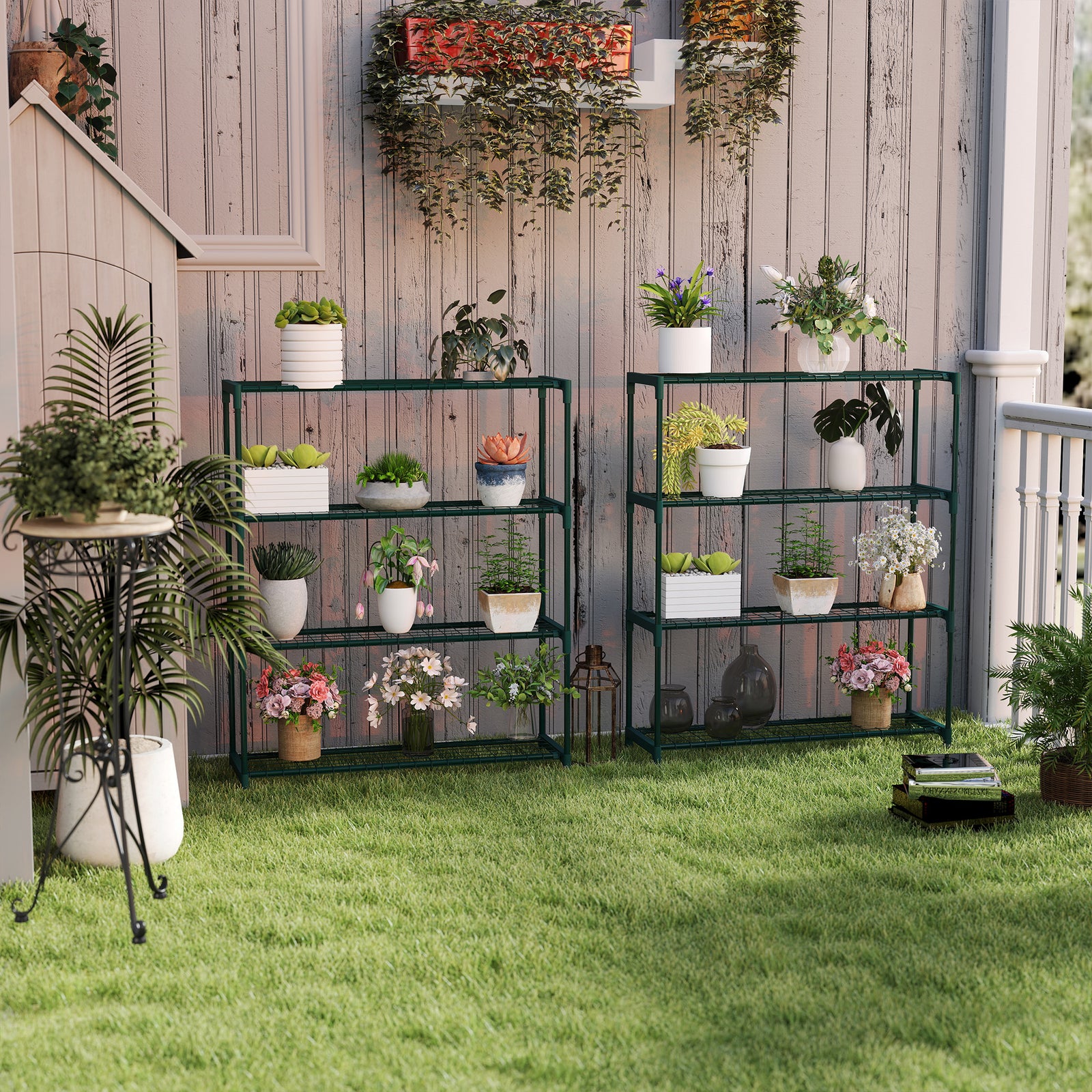 Modern Plant Stand, 4-Tier Planter Holder with Steel Frame, Outdoor Flower Display Rack for Potted Plants Garden Balcony Decor, Dark Green