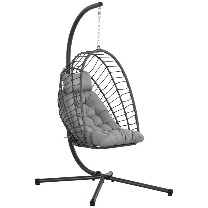 Outdoor PE Rattan Swing Chair with Foldable Basket and Cushion, Garden Patio Hanging Egg Chair with Metal Stand, Headrest for Indoor and Outdoor, Light Grey