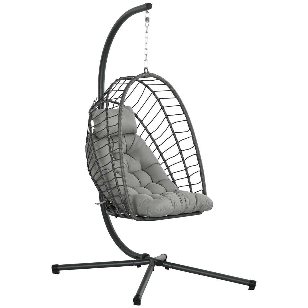 Outdoor PE Rattan Swing Chair with Foldable Basket and Cushion, Garden Patio Hanging Egg Chair with Metal Stand, Headrest for Indoor and Outdoor, Light Grey