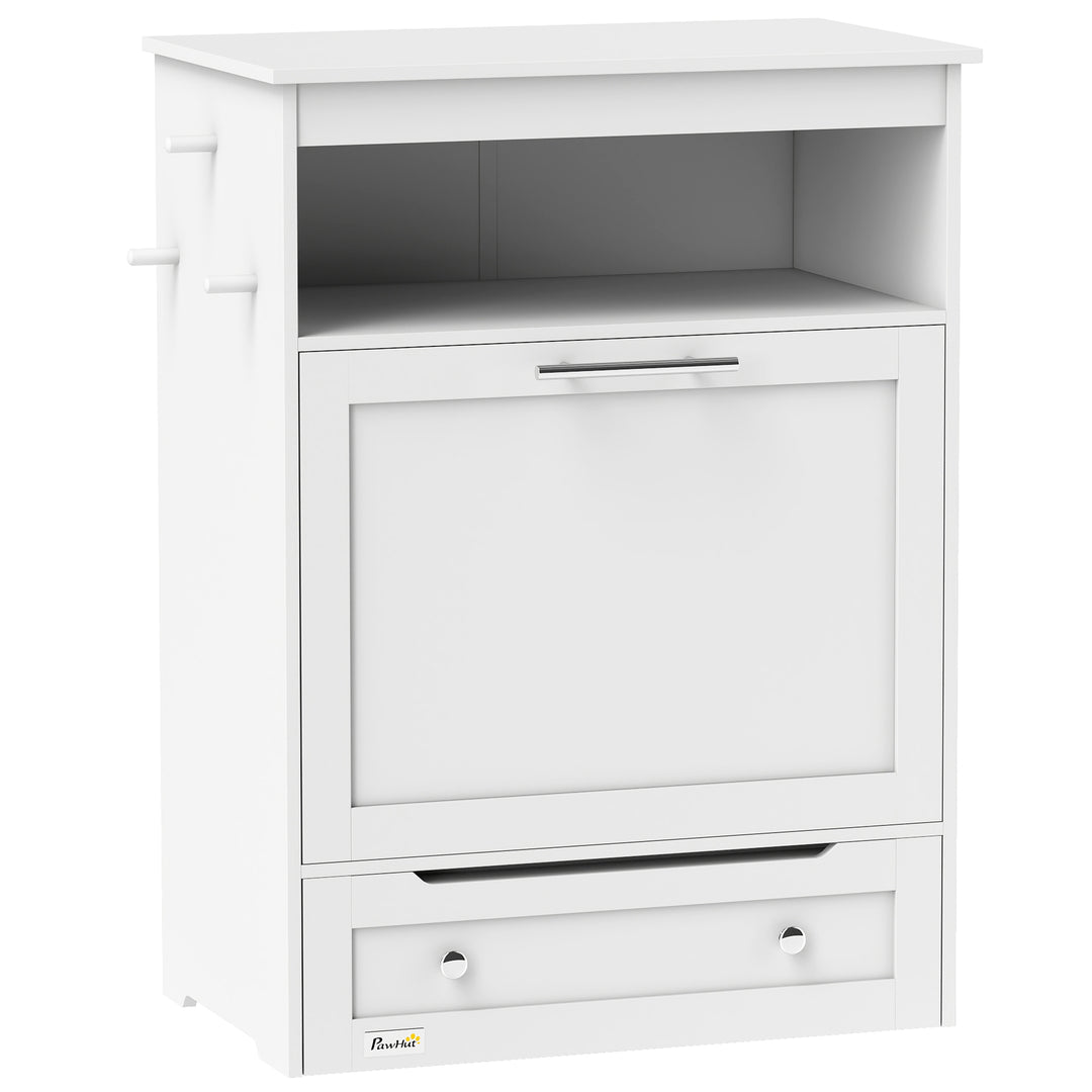 MCL Pet Feeder Station, Dog, Cat Storage Container, with Raised Bowls, Hanger, Cabinet - White