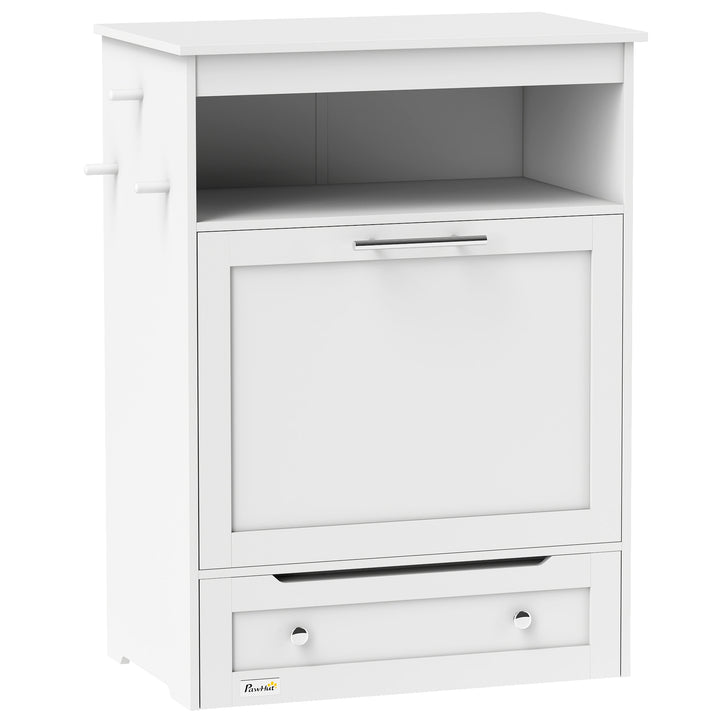 MCL Pet Feeder Station, Dog, Cat Storage Container, with Raised Bowls, Hanger, Cabinet - White