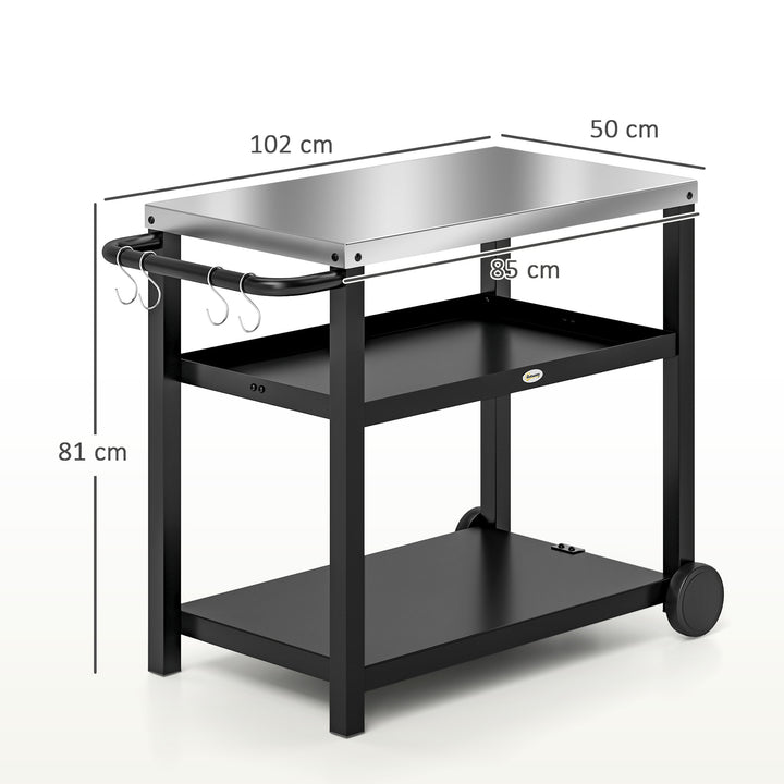 Outdoor Grill Dining Cart 3-Shelf Movable Pizza Oven Table Stand with Stainless Steel Top, Portable BBQ Trolley Food Prep Outdoor Kitchen BBQ Station with Hooks Wheels Handle, Charcoal Grey