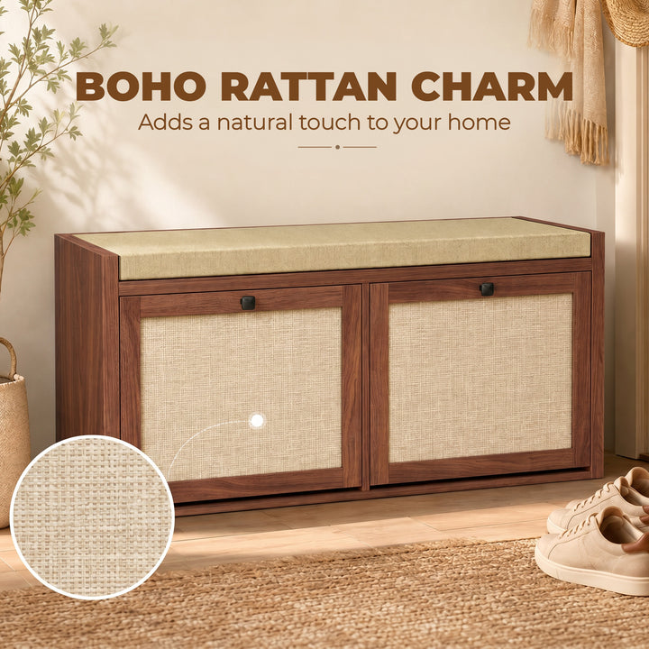 Rattan Shoe Bench with Padded Cushion and 2 Cabinets for Hidden Storag