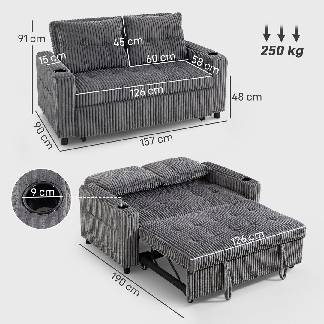MCL 2 Seater Click Clack Sofa Bed with Pull Out Design, Corduroy Upholstery - Charcoal Grey
