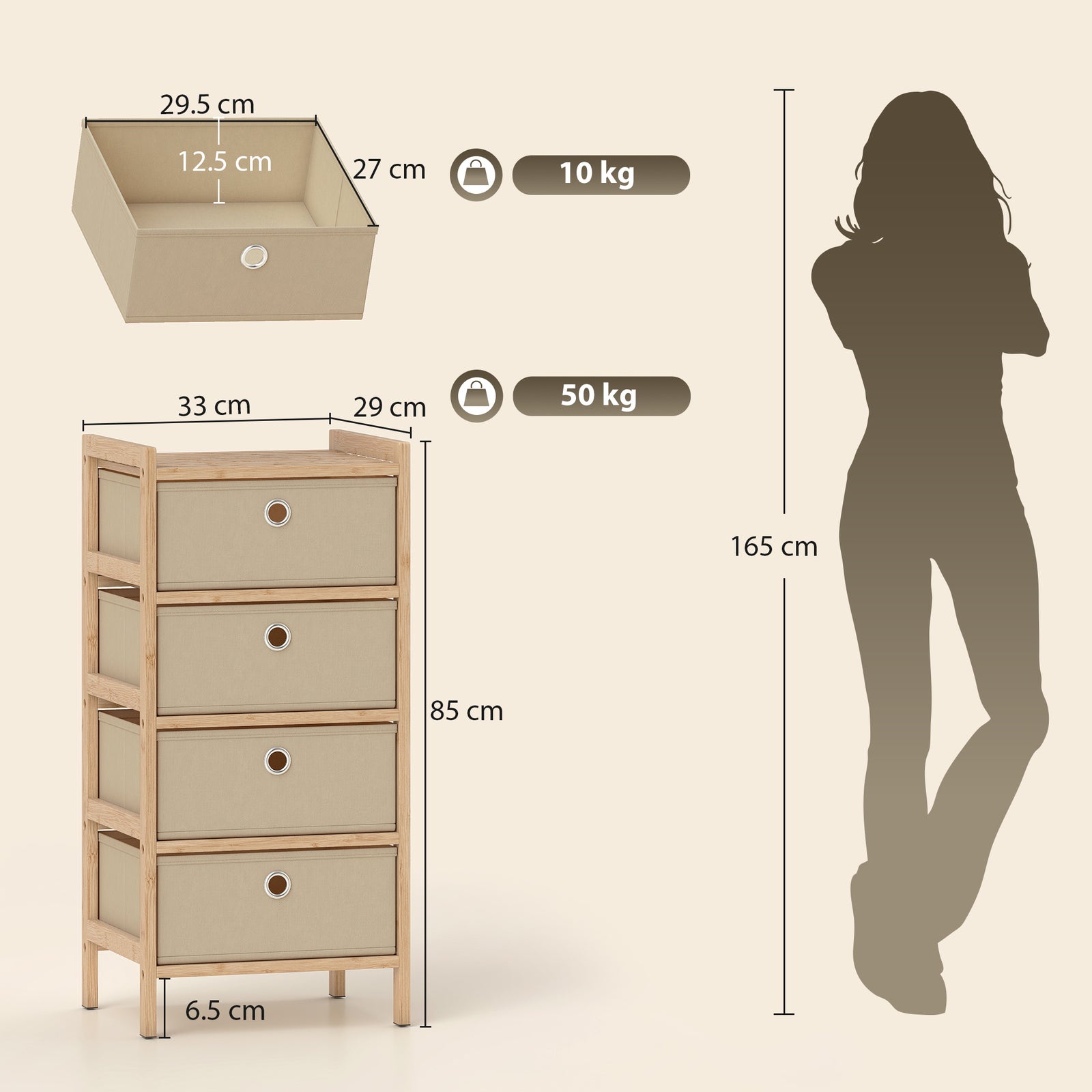 Chest of Drawers, 4 Fabric Drawers Narrow Dresser with Bamboo Frame, C