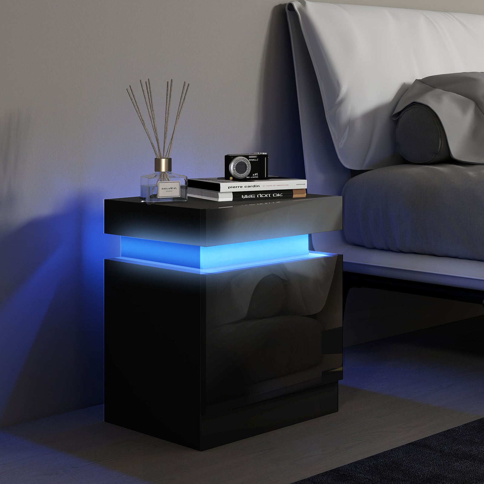 Black Bedside Table with LED Light, High Gloss Front Nightstand with 2 Drawers, for Living Room, Bedroom