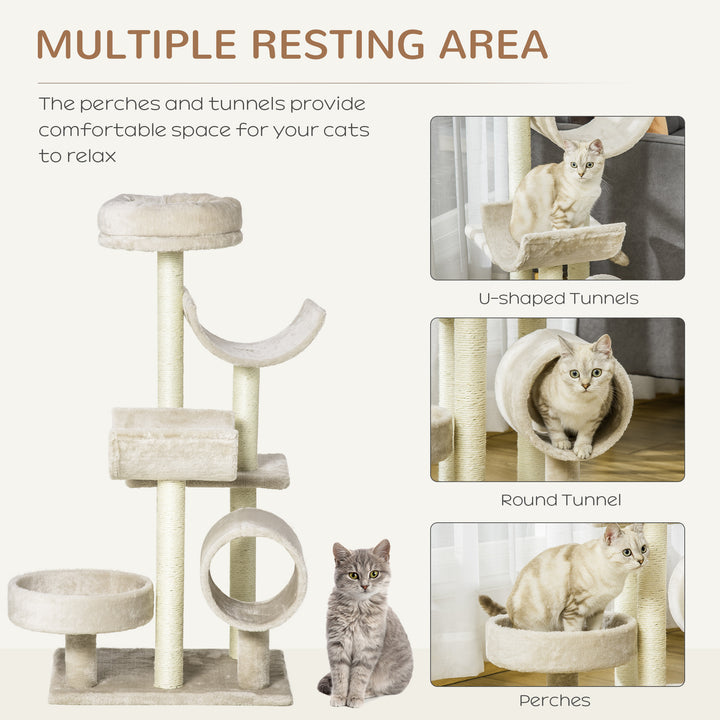 MCL Cat Tree for Indoor Cats Kitten Pet Scratching Post Perch Activity Center Scratcher Climb Post Play House Arch with Tunnel 105cm Tall Beige
