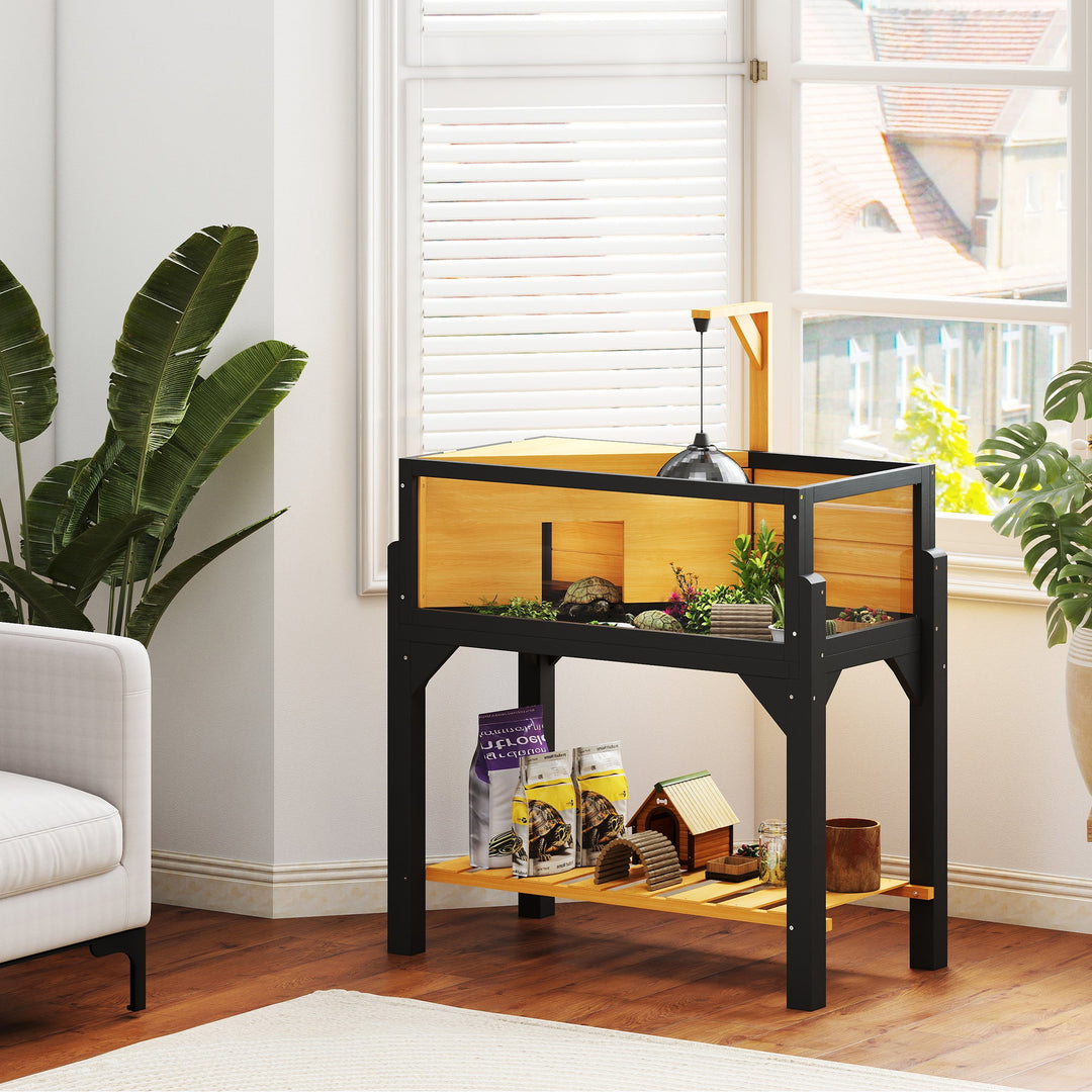 Wooden Tortoise House with Storage Shelf, Clear Observation Windows, Lamp Holder, Openable Top, Built-in Tray