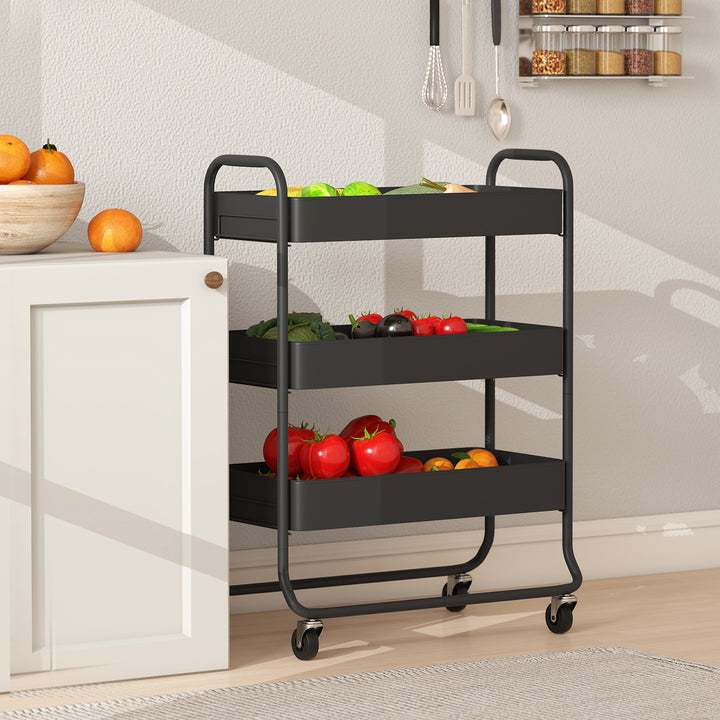 3-Tier Storage Trolley on Wheels, Rolling Utility Cart with Mesh Backets for Kitchen, Bathroom, Bedroom