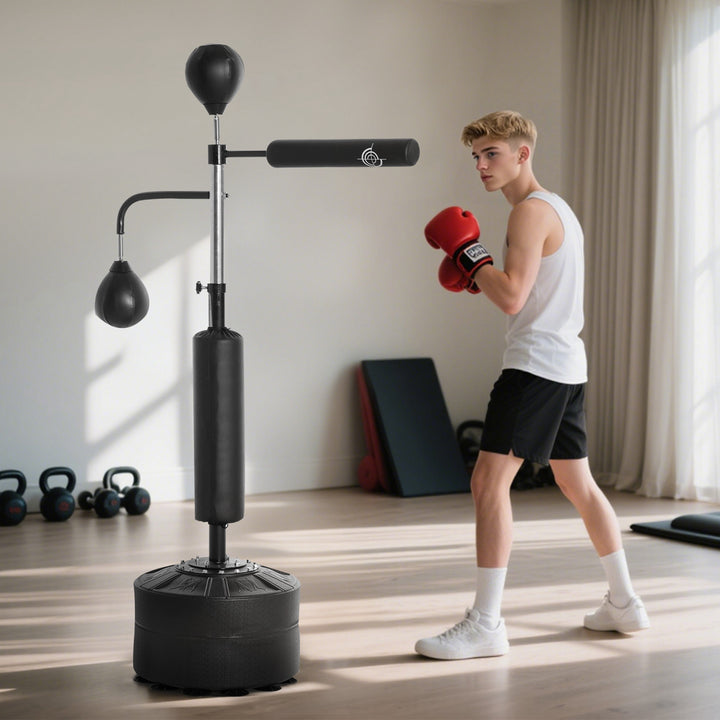 4-in-1 Boxing Punching Bag, Freestanding with 2 Speed Bals, 360° Reflex Bar, 160-230cm Adjustable Height, Black