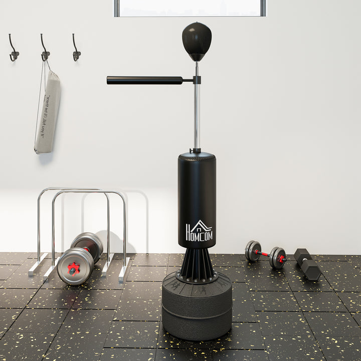 MCL 155-205cm 3-IN-1 Freestanding Boxing Punching Bag Stand, Boxing Speed Trainer with Rotating Flexible Arm, Speed Ball, Fillable Base, Black