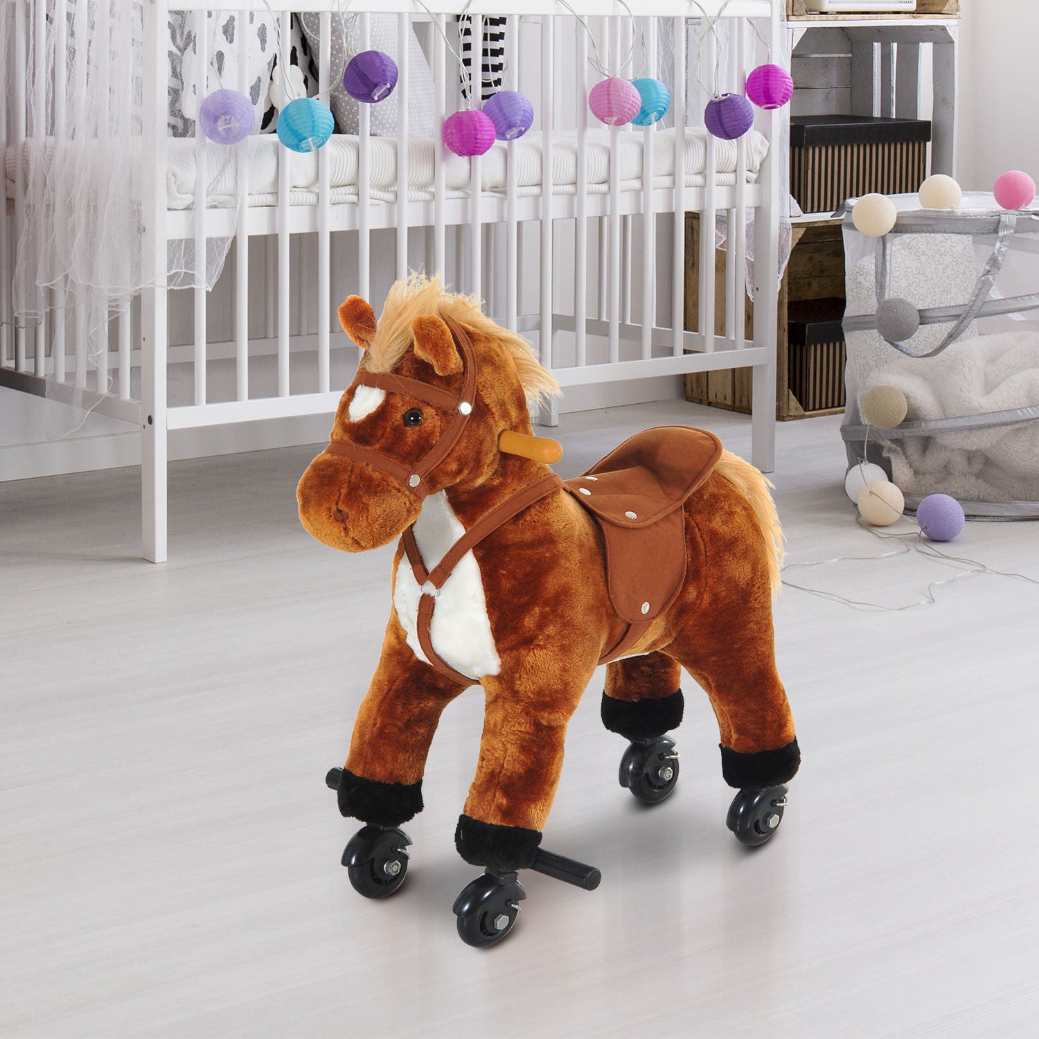 Rocking Horse Kids Ride on Walking Horse Animal Pony Wheeled Riding Plush Toy w/Sound for 2 Years and Up (Brown)