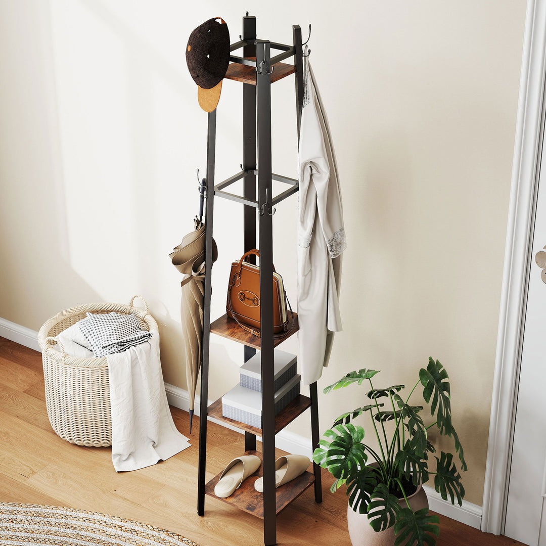 Industrial Coat Stand with 8 Hooks and 4 Shelves - Rustic Brown