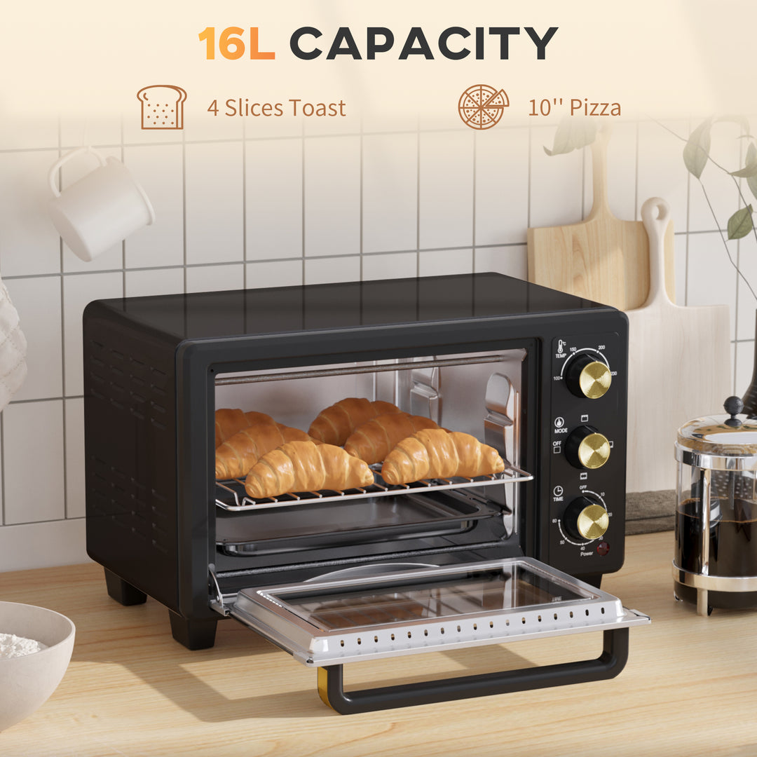 HOMCOM Mini Oven, 16L Countertop Electric Grill, Toaster Oven w/ Adjustable Temperature, 60 Min Timer, Crumb Tray, Baking Tray, Wire Rack | Aosom UK