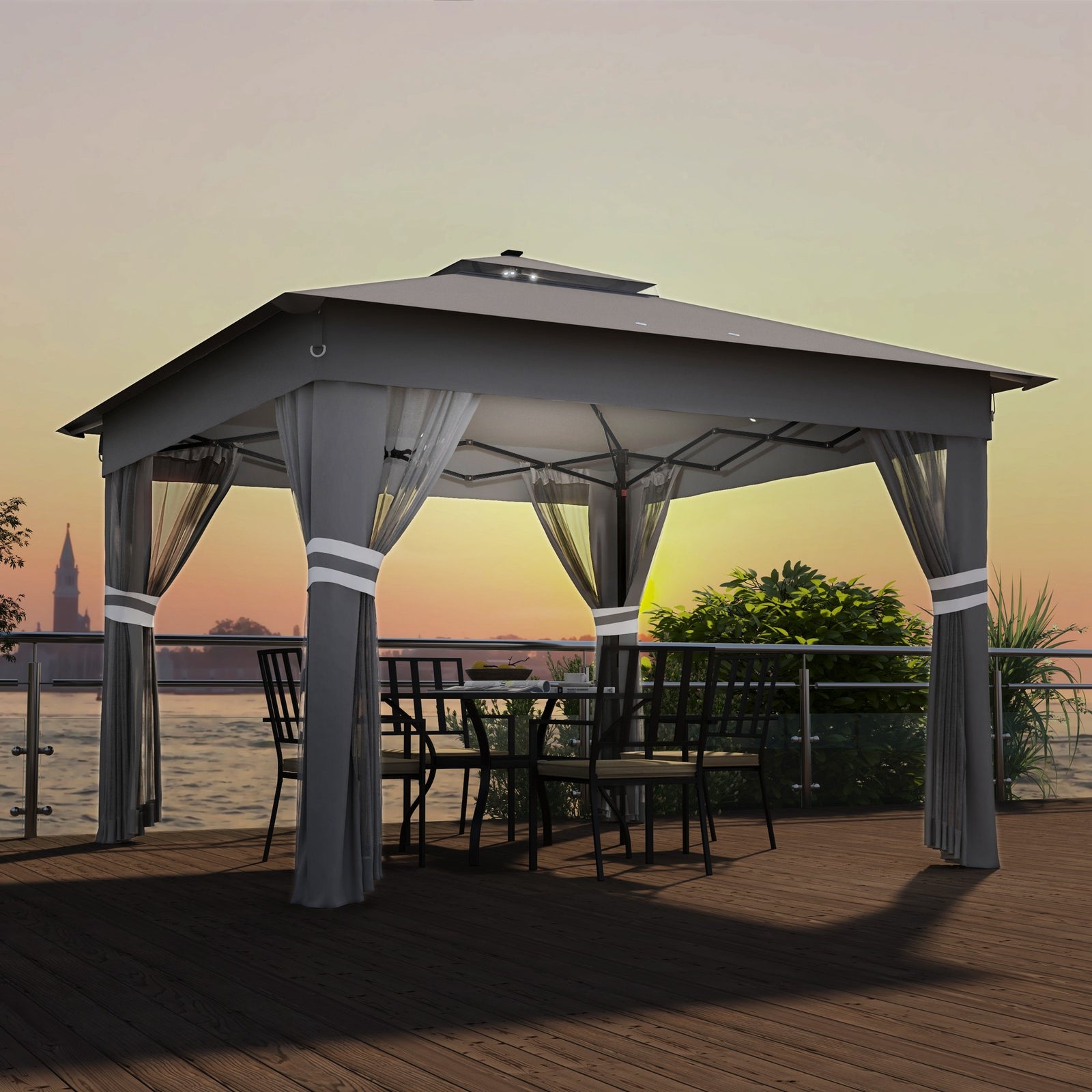 3 x 3(m) Pop Up Gazebo Party Tent with Solar-Powered LED Lights, Adjustable Event Shelter with Netting, Grey