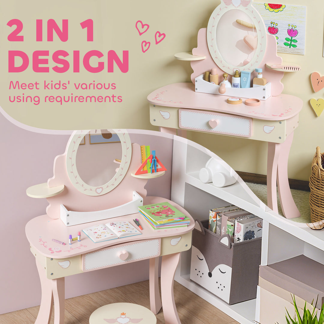 MCL Kids Dressing Table, Girls Vanity Set with Mirror and Stool, 7 Play Accessories, Drawer, Desktop Storage, Pink