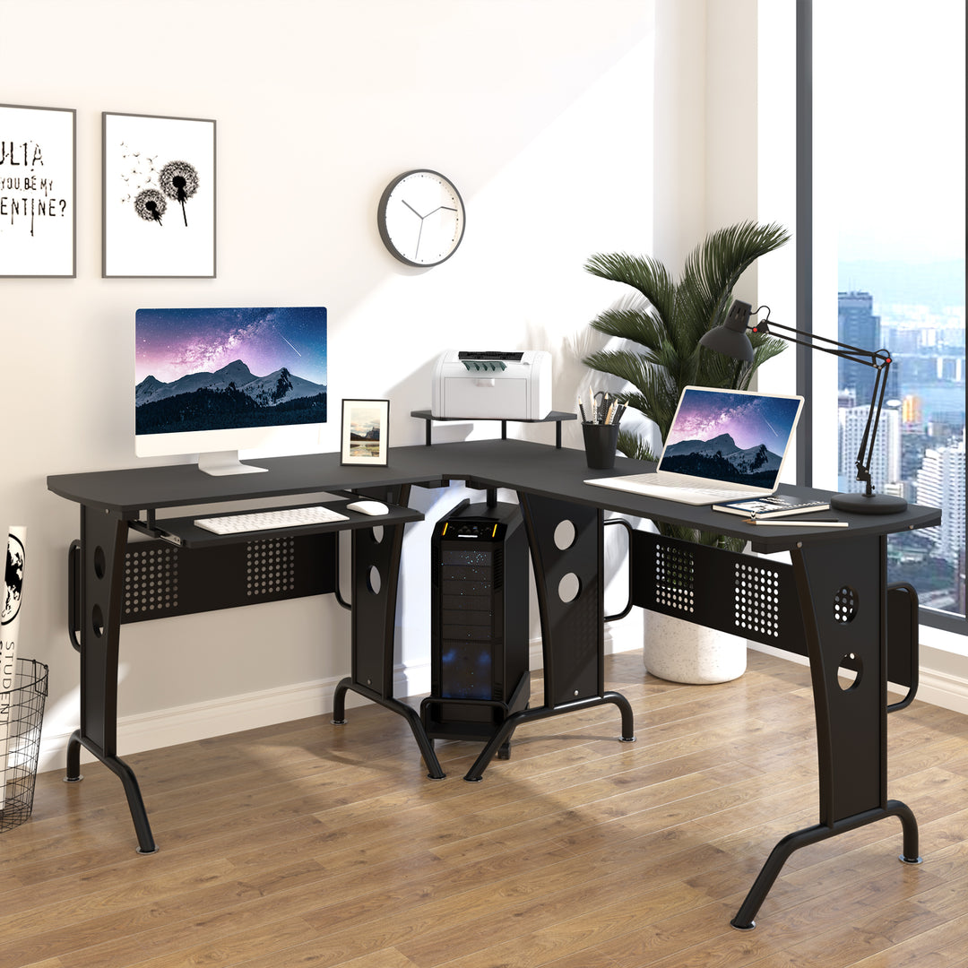 HOMCOM L-Shaped Corner Work Desk Gaming Office w/ Steel Frame CPU Rack Keyboard Tray Space-Saving Melamine Coating Computer, Black | Aosom UK