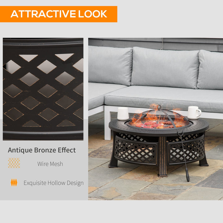 Outdoor Fire Pit, Firepit with Grill Net, Mesh Lid, Poker, for Camping