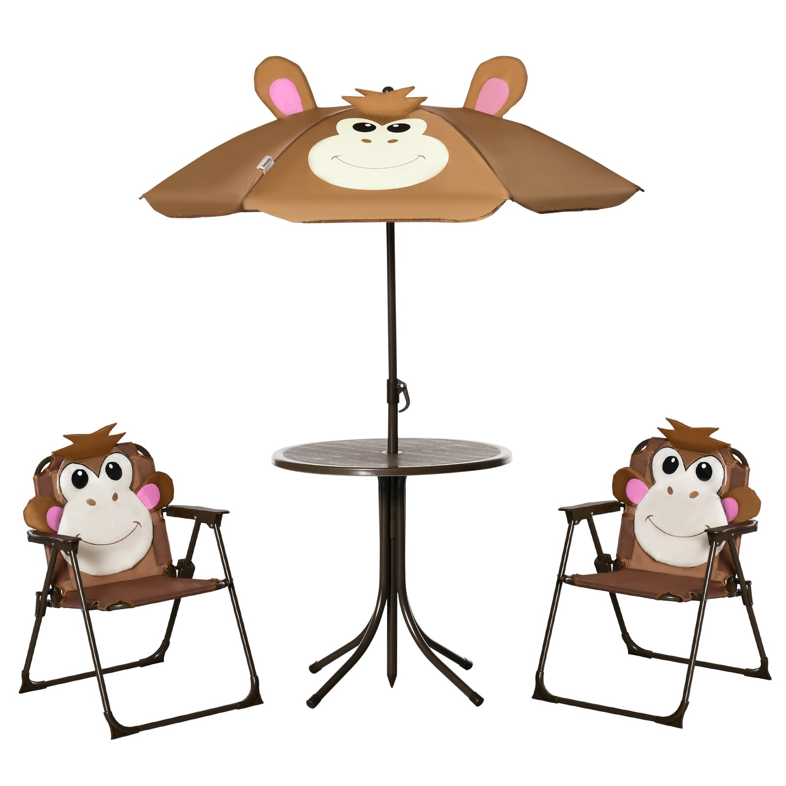 Kids Bistro Table and Chair Set, Outdoor Folding Garden Furniture w/Monkey Design, Removable, Adjustable Sun Umbrella, Ages 3-6 Years - Brown