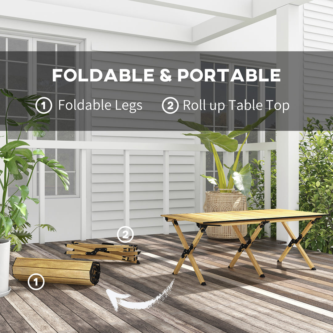 Portable Camping Table, 4ft Aluminium Folding Table with Roll-Up Top, Picnic Table for Indoor, Outdoor, Party, BBQ, Beach, Natural Wood Effect