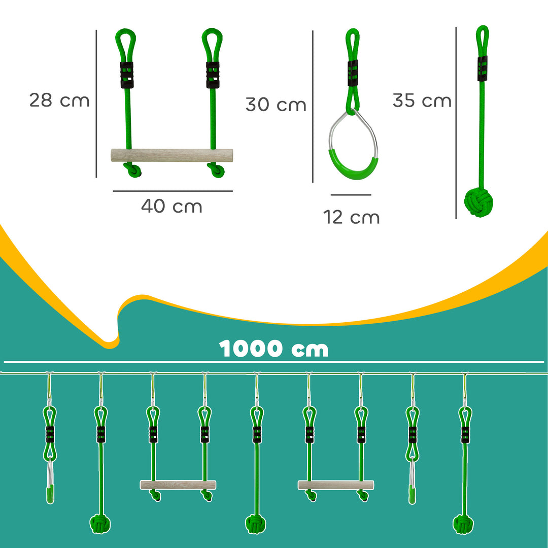 AIYAPLAY 7-Piece Kids Zip Line Kit for Garden, 10m Kids Slackline Kit with Wooden Monkey Bars, Metal Rings, Gripping Balls, Green