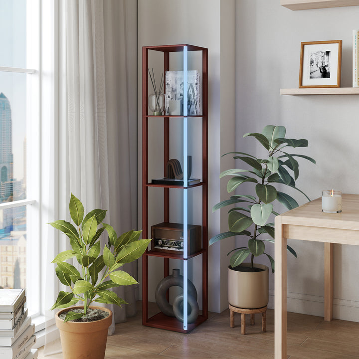 RGB LED Floor Lamp with Shelves, Modern Dimmable Standing Lamp with Remote Control, Adjustable Brightness & Speed for Living Room, Bedroom, Office, Brown