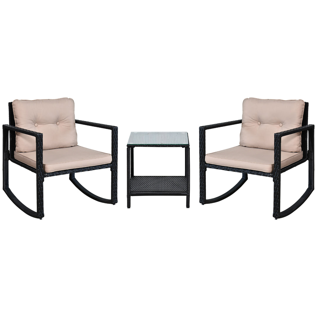3 Pieces Rattan Garden Rocking Chair Set, Outdoor Rocking Bistro Set w/ 2 Cushioned Armchair and Glass Top Two-tier Coffee Table, Black