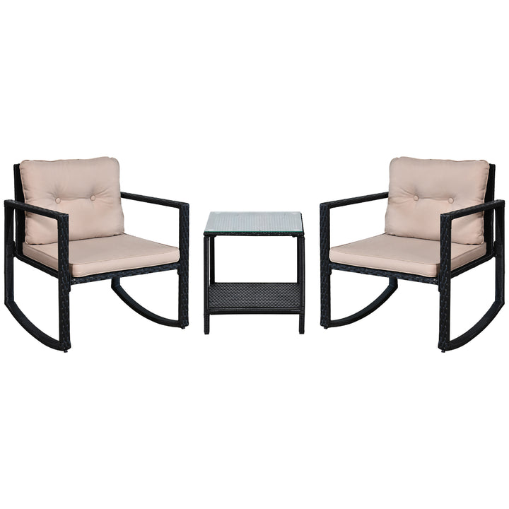 3 Pieces Rattan Garden Rocking Chair Set, Outdoor Rocking Bistro Set w/ 2 Cushioned Armchair and Glass Top Two-tier Coffee Table, Black