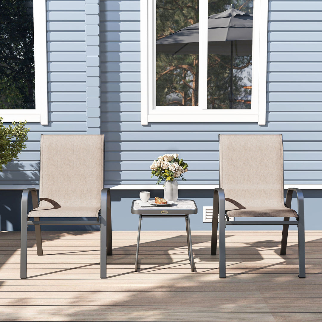 3 Pieces Outdoor Bistro Set, Patio Stackable Armchairs with Breathable Mesh Fabric and SPC Board Coffee Table, Brown