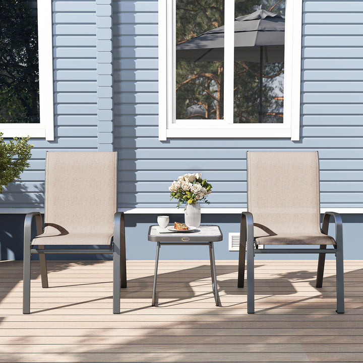 3 Pieces Outdoor Bistro Set, Patio Stackable Armchairs with Breathable Mesh Fabric and SPC Board Coffee Table, Brown