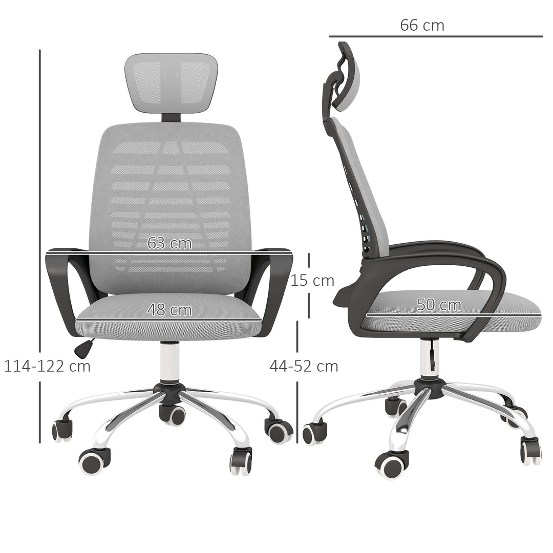 Vinsetto Office Chair, Ergonomic, Mesh Desk Chair with Rotatable Headrest, Lumbar Back Support, Armrest, Grey.